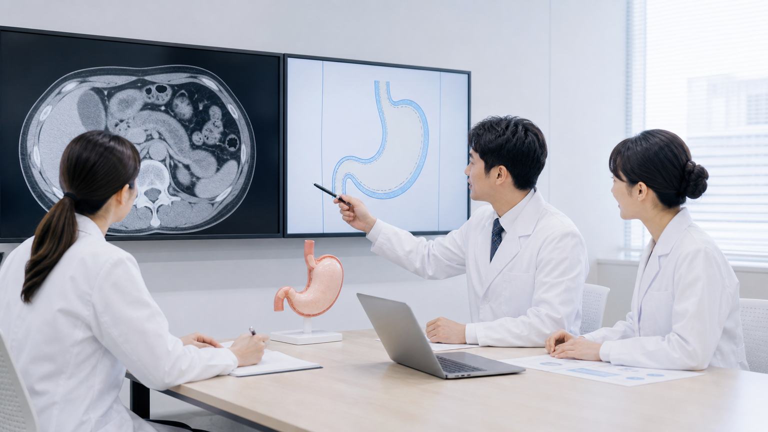 胃がんの腹膜播種の広がりをCTと腹部の模式図で確認する医療チーム