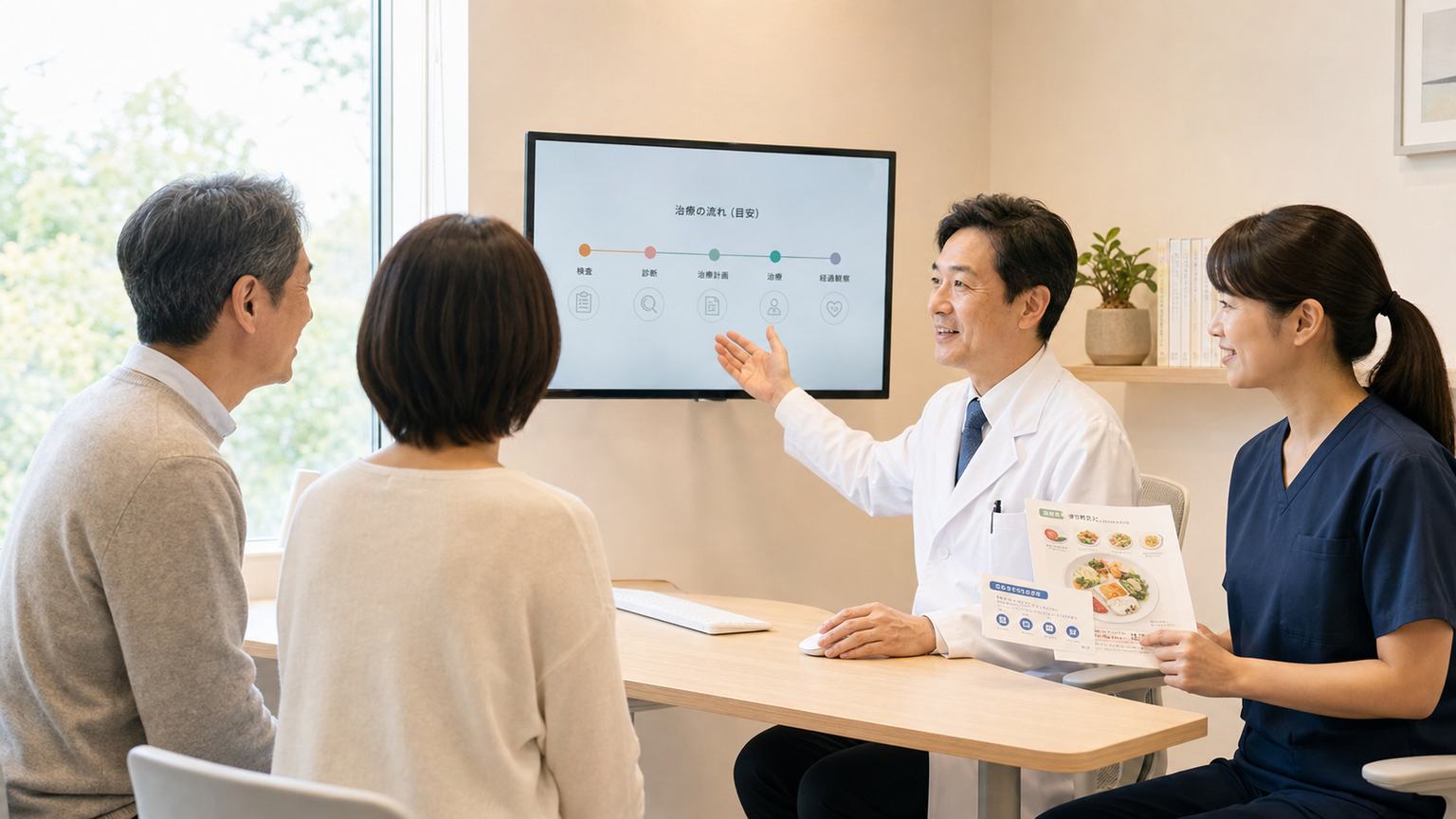 胃がん腹膜播種の腹水・食事・緊急時対応を患者と家族へ説明する診察場面