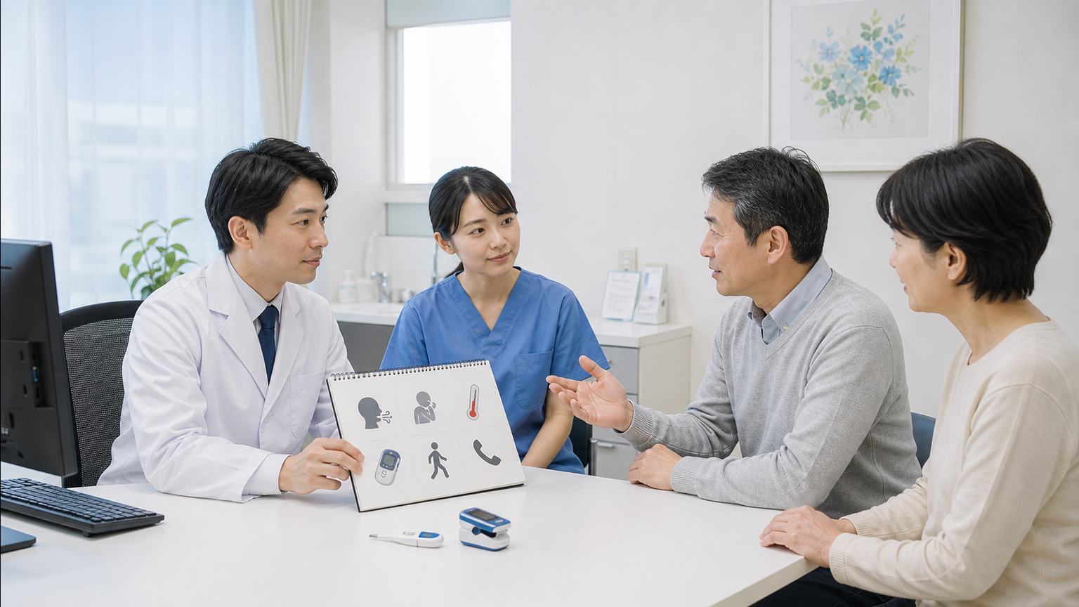 胃がん胸水の呼吸記録と緊急時の連絡目安を患者と家族へ説明する診察