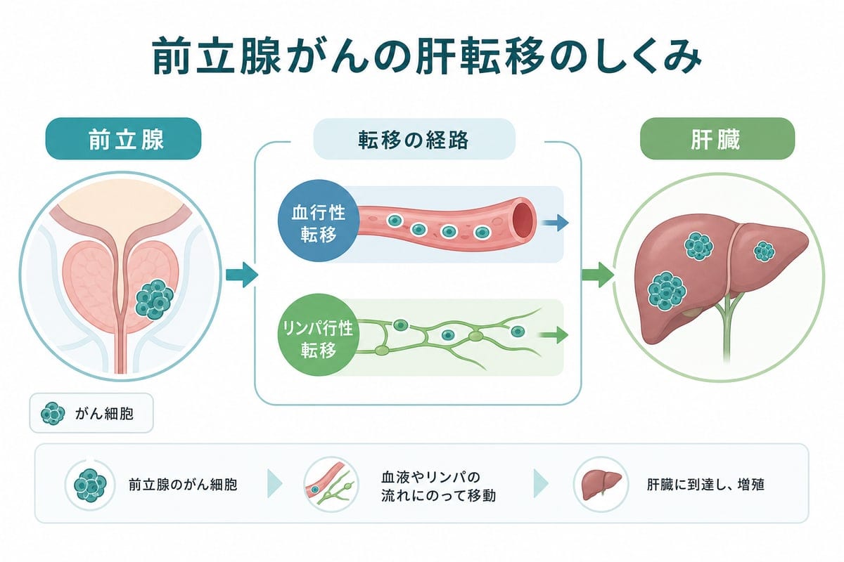 前立腺がんが肝臓へ転移する流れを示した医療図解