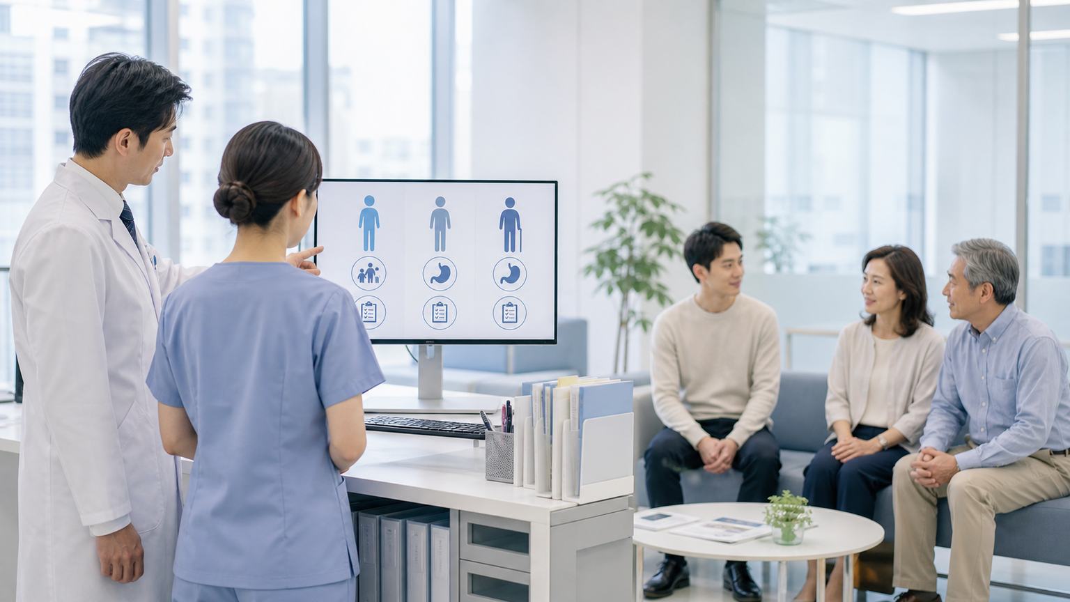 若年・中年・高齢の患者について胃がんリスクを検討する医療チーム