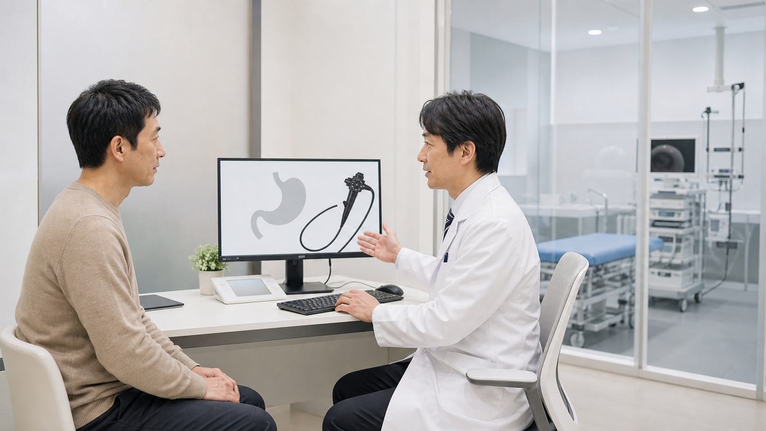 胃の不調について患者が医師へ相談し内視鏡検査を検討する場面