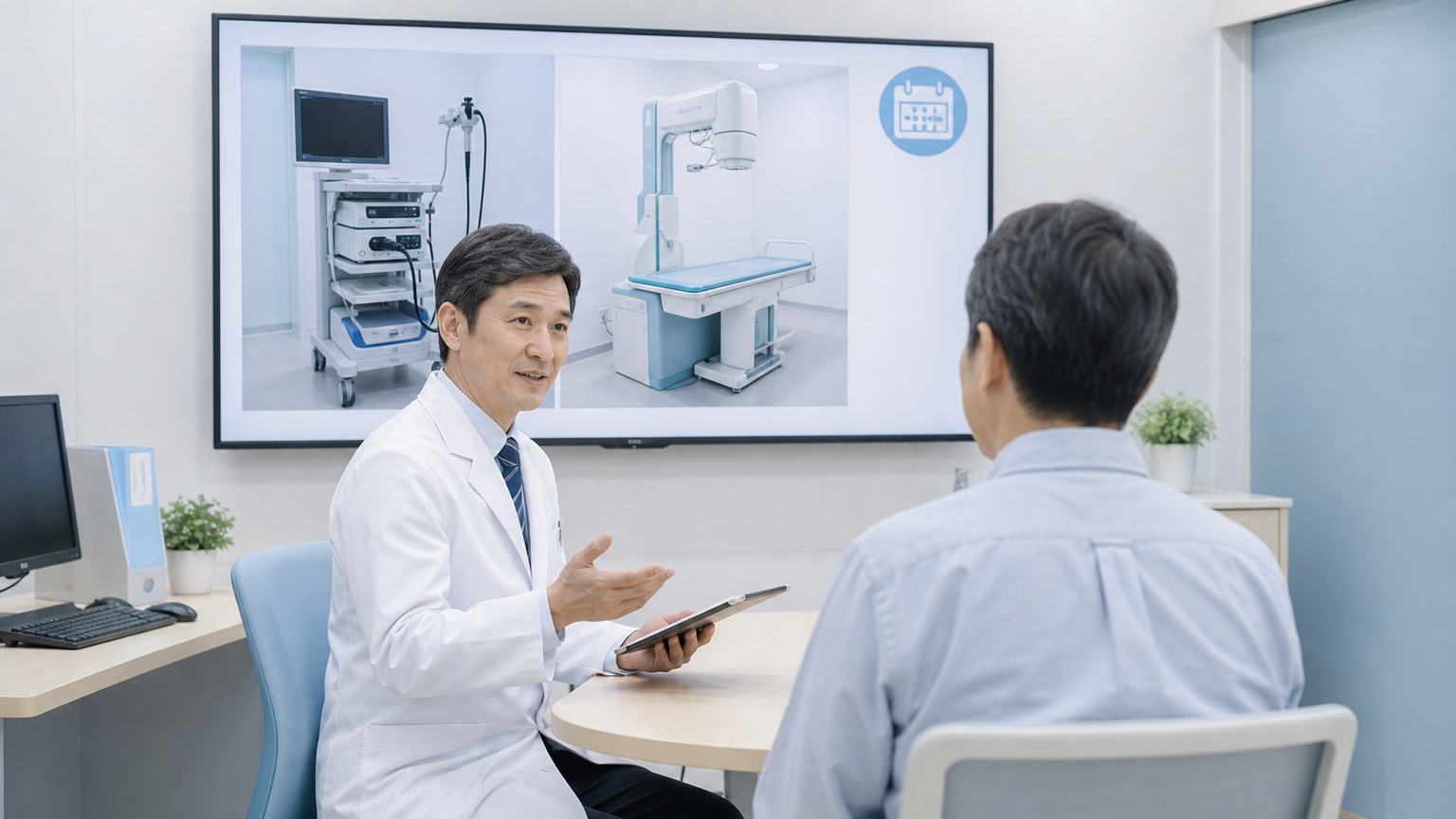 胃がん検診の内視鏡検査について医師が患者へ説明する場面