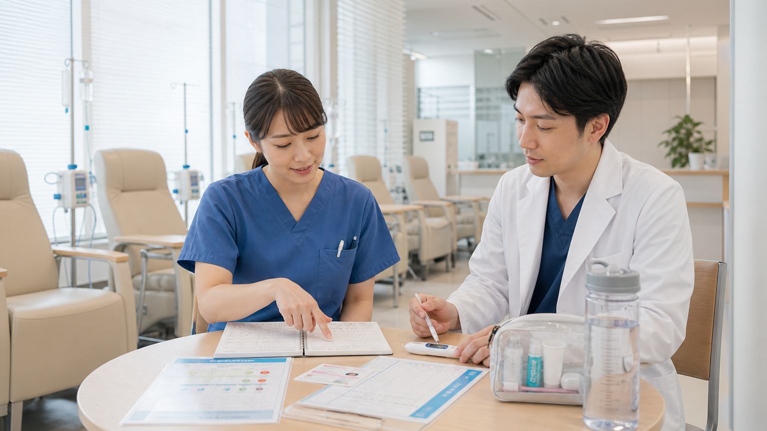 胃がんの抗がん剤治療中に副作用の記録と支持療法を確認する場面
