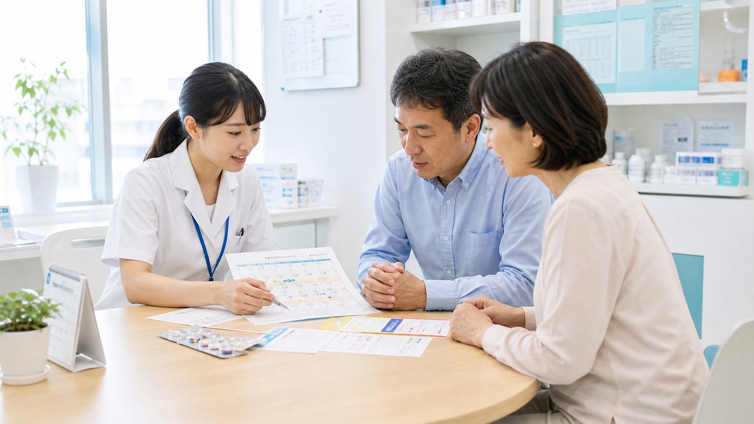 胃がんの抗がん剤治療について患者と家族が薬剤師へ相談する場面
