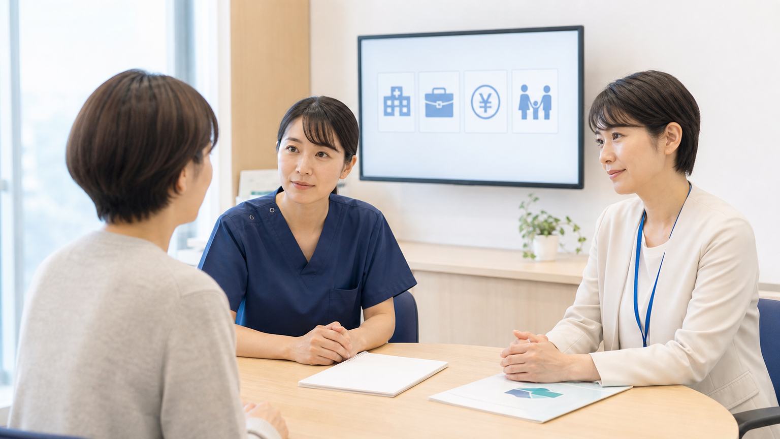 がん相談支援センターで相談員が患者の話を聞く場面