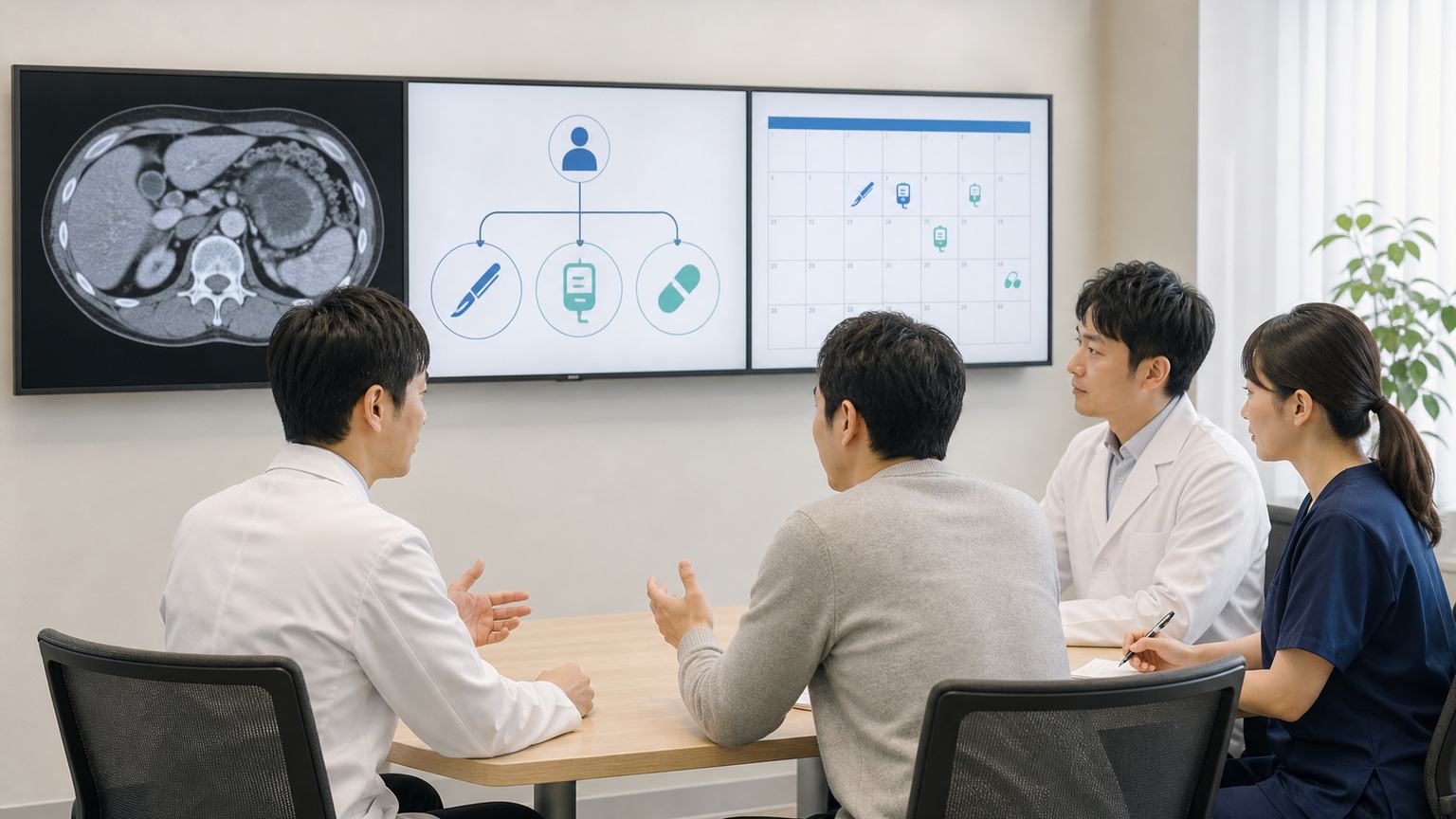 胃がんの治療選択肢を医療チームと患者が確認する場面