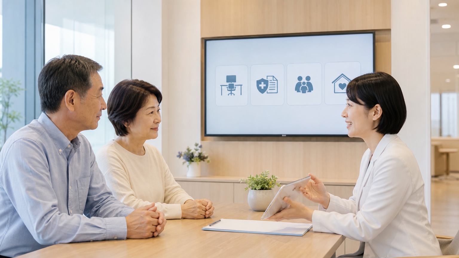 胃がん患者と家族が仕事や医療費について相談員と話す場面