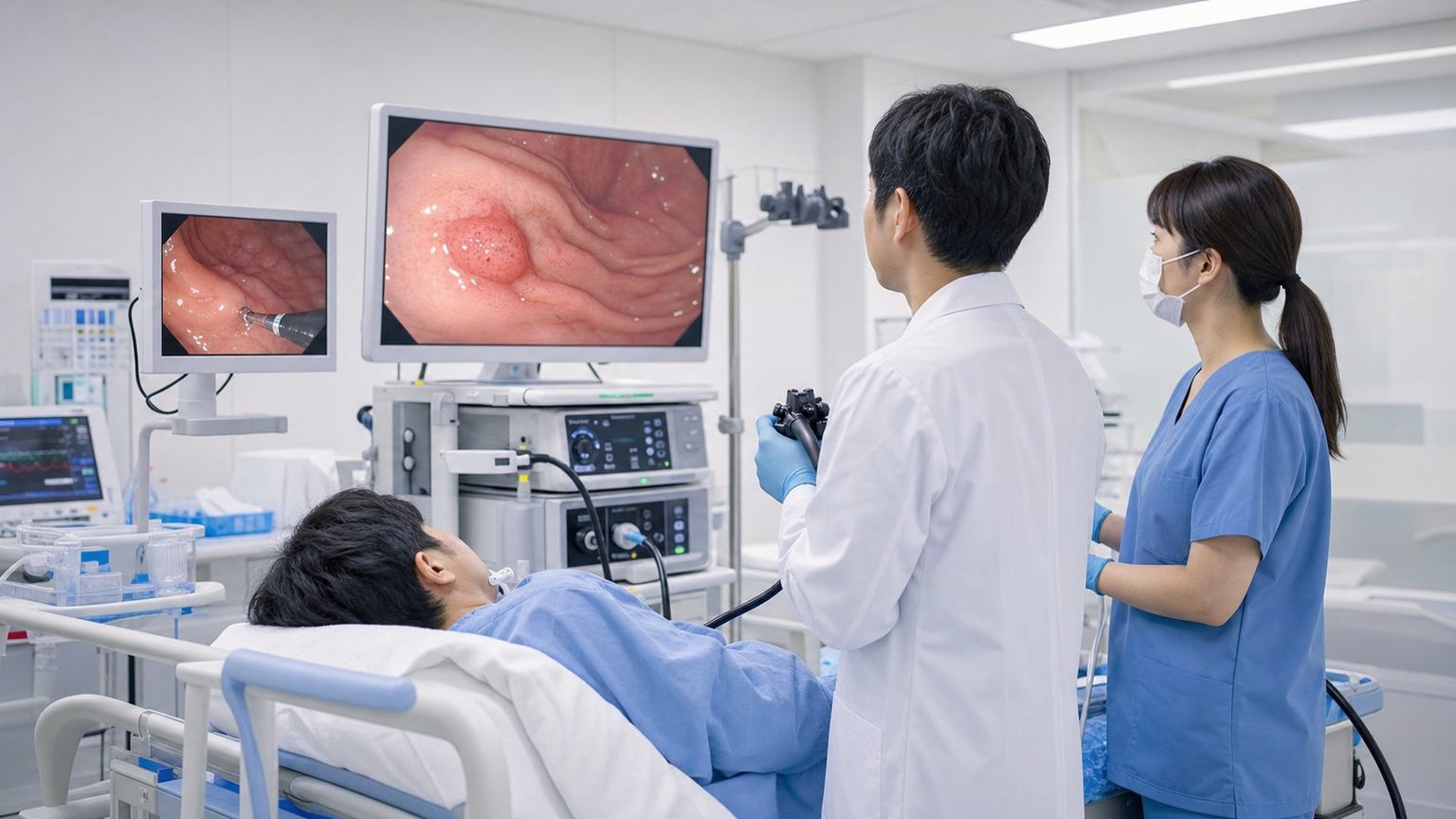 胃内視鏡検査室で胃の粘膜をモニターに映して観察する場面