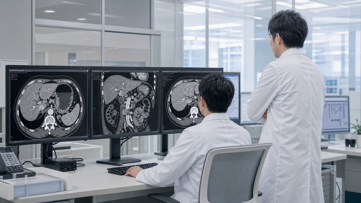 胃がんの広がりを腹部CT画像で確認する画像診断室