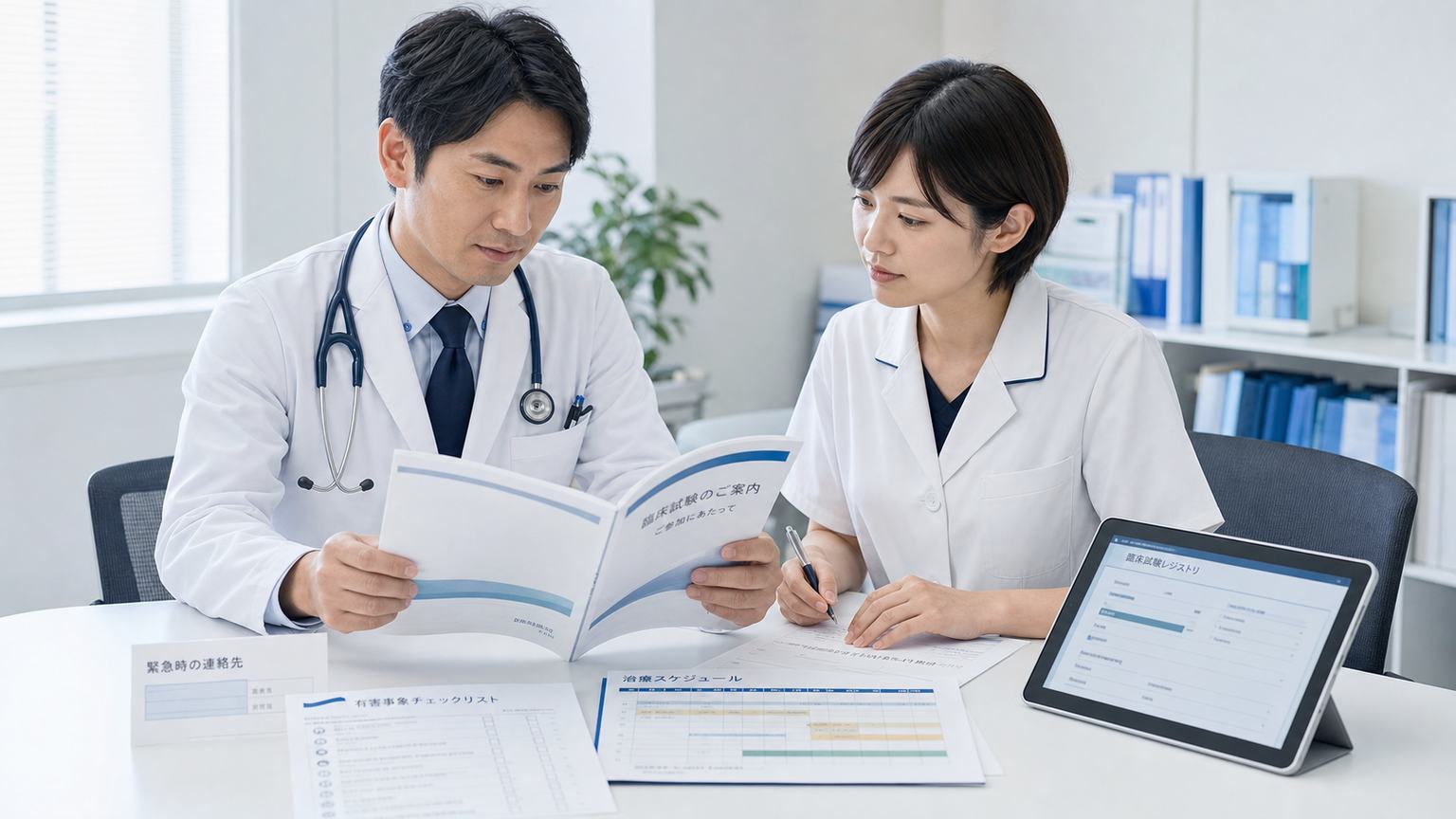臨床試験の説明文書と治療予定を医師と薬剤師が確認する場面