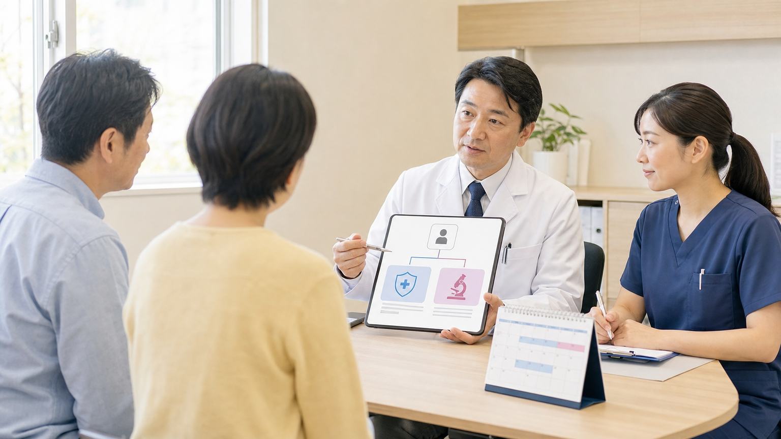 胃がんの治療選択について患者と家族が医療チームへ相談する場面