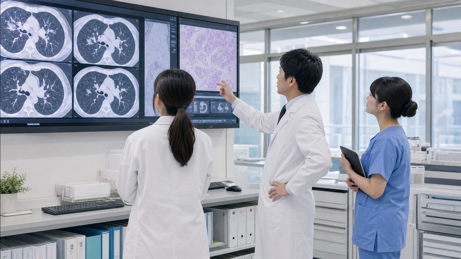 胃がんの肺転移について胸部CTと病理結果を確認する医療チーム