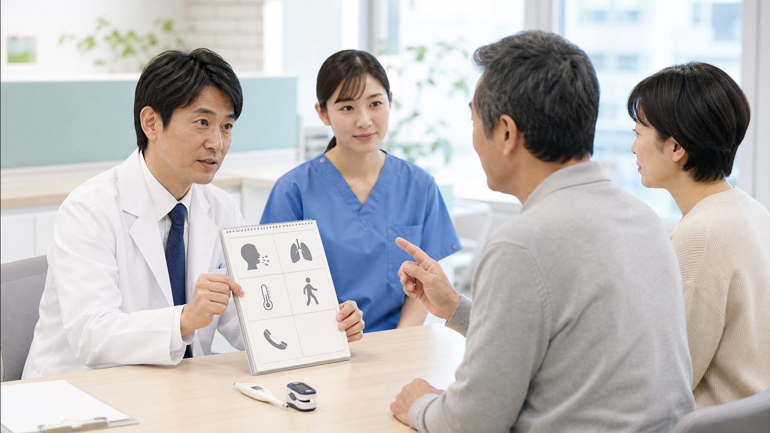 胃がん肺転移の呼吸症状と自宅での連絡目安を説明する診察場面