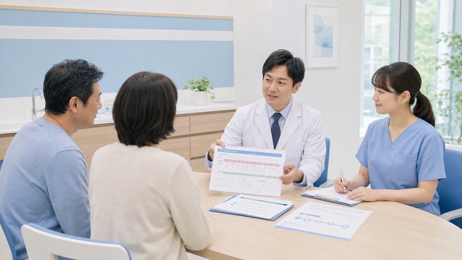 胃がんの放射線治療について患者と家族が治療予定を相談する場面