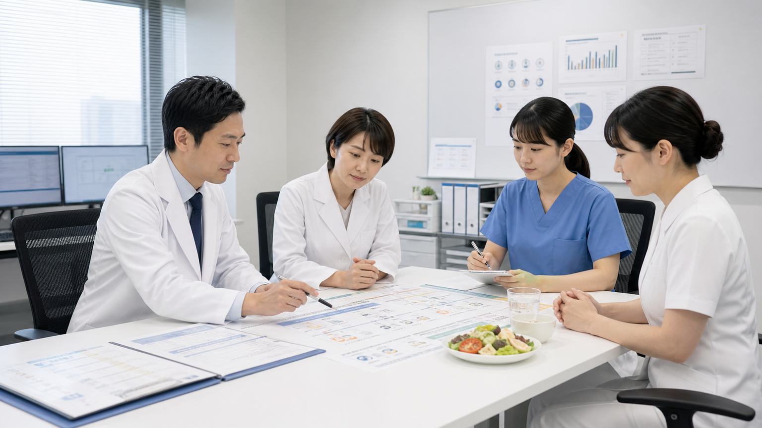 胃がんステージ4の薬物療法と症状緩和の計画を多職種で検討する場面