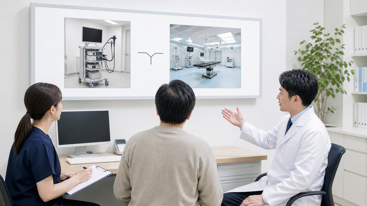 胃がんステージ1の内視鏡治療と手術を医療チームが検討する場面