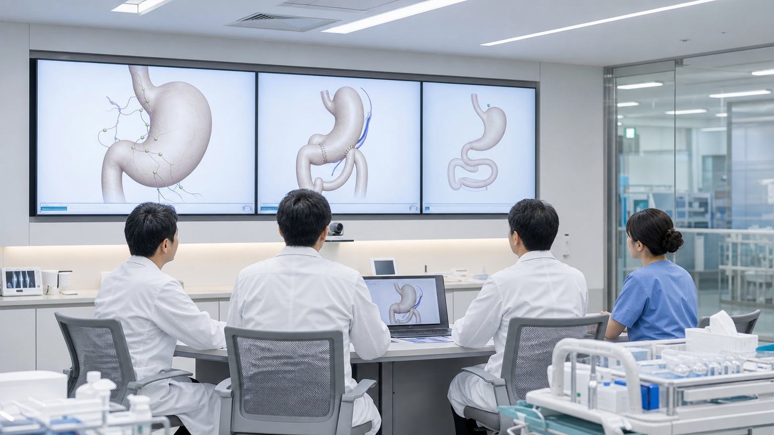胃がん手術の切除範囲と再建方法を医療チームが検討する場面