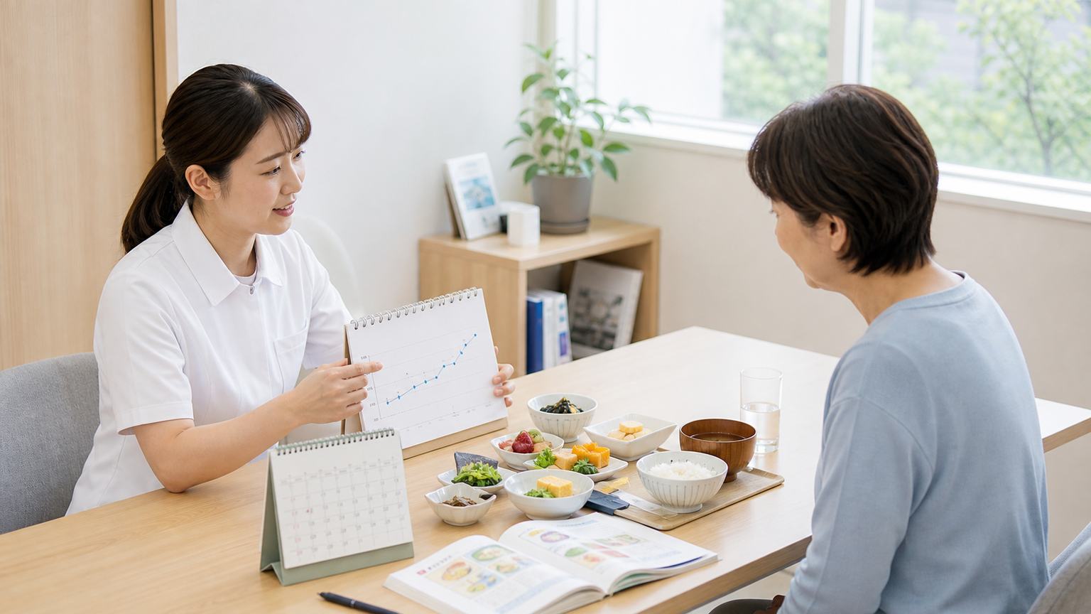 胃がん手術後の少量の食事と体重管理を相談する場面