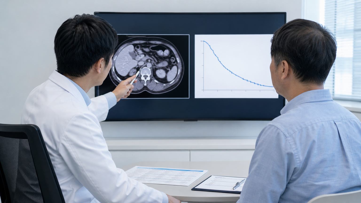胃がんの生存率と治療の見通しについて検査資料をもとに相談する場面