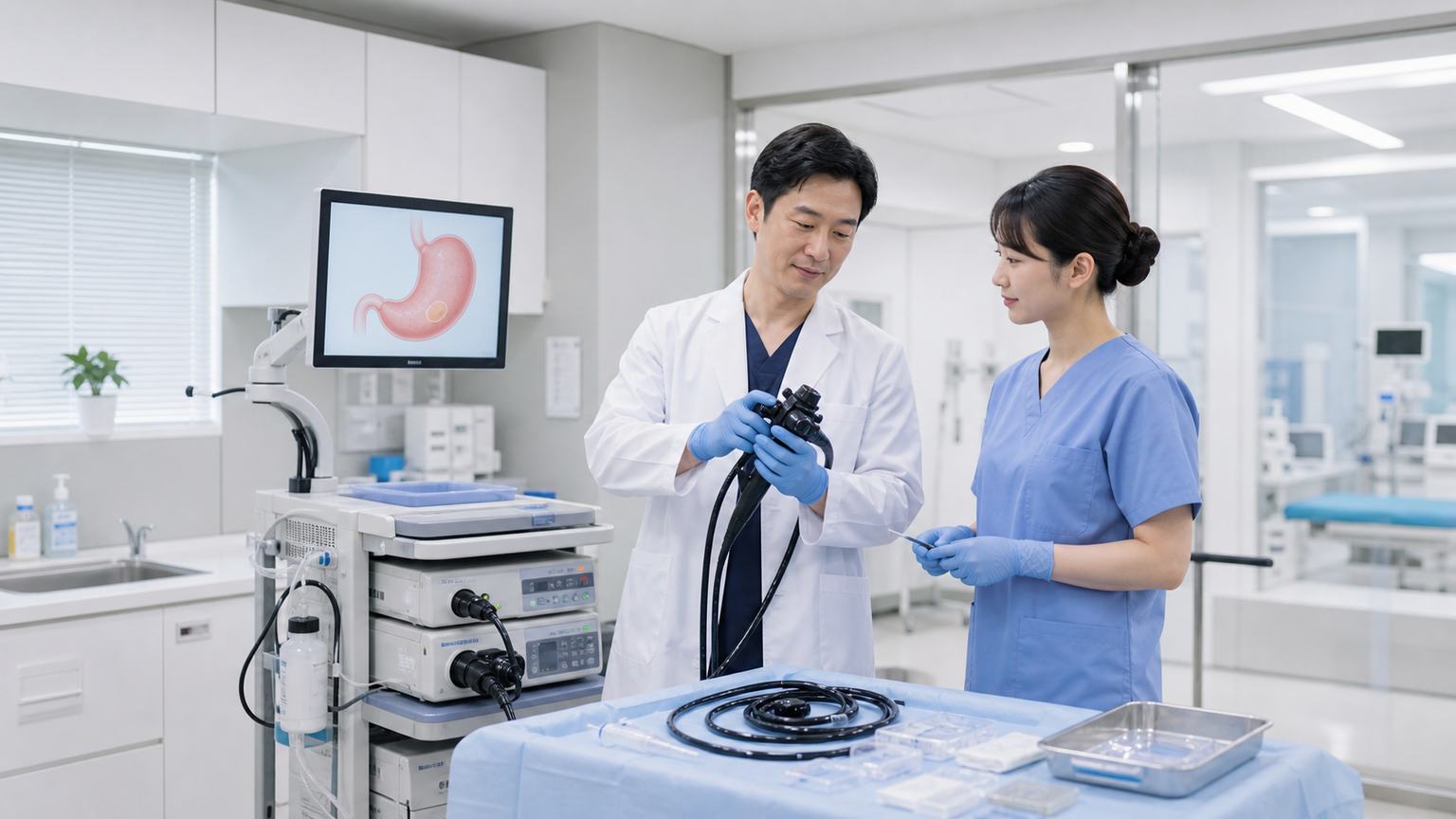 早期胃がんに対する内視鏡的粘膜下層剥離術を行う内視鏡室
