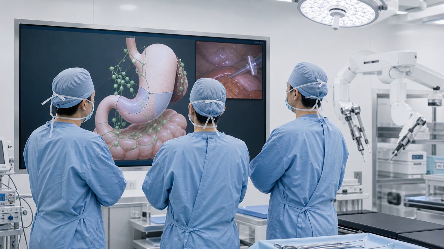 胃がんの腹腔鏡手術を行う外科医療チーム