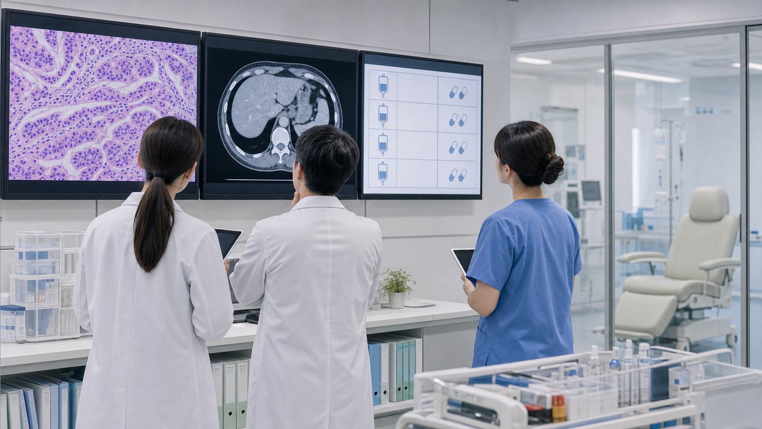 胃がんの薬物療法について治療計画と検査結果を確認する医療チーム