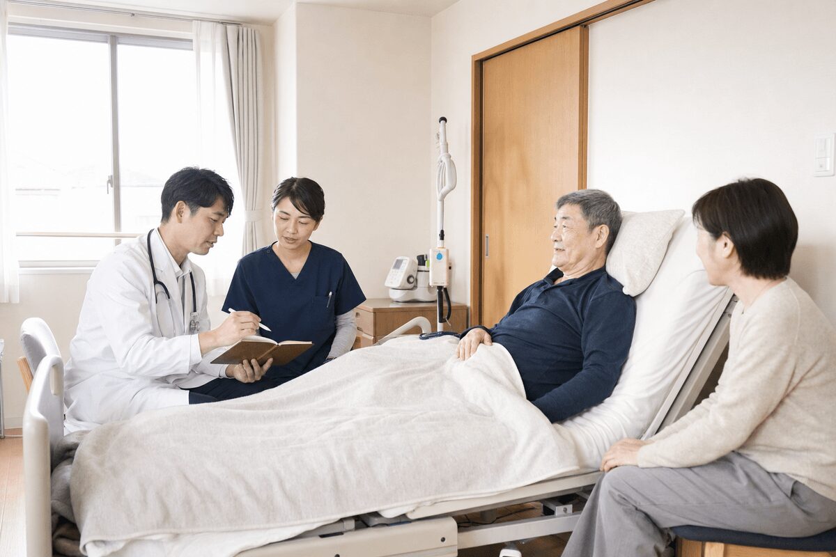 自宅で家族と訪問診療、訪問看護の支援を受ける患者
