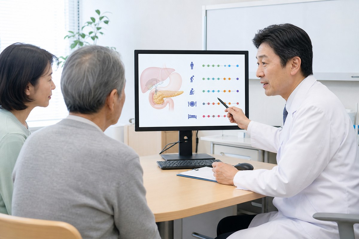 進行した膵臓がんの体調変化を患者と家族に説明する医師
