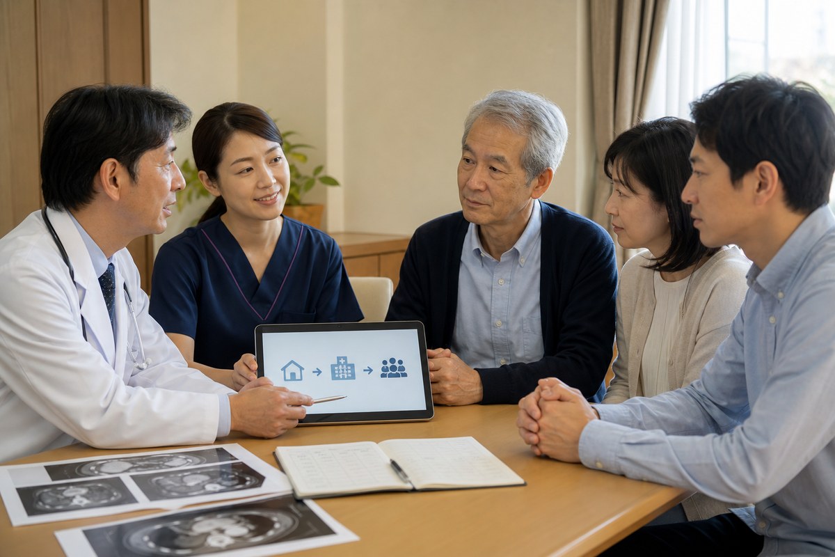 進行した膵臓がんの症状と今後の支援を医師に相談する日本人家族