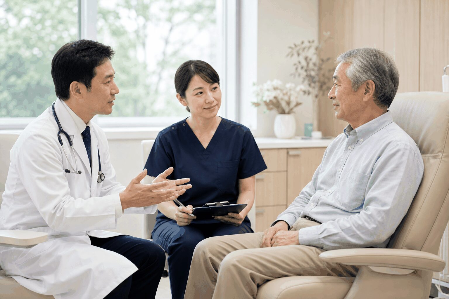 医師と看護師が大腸がん患者の症状緩和について話し合う様子