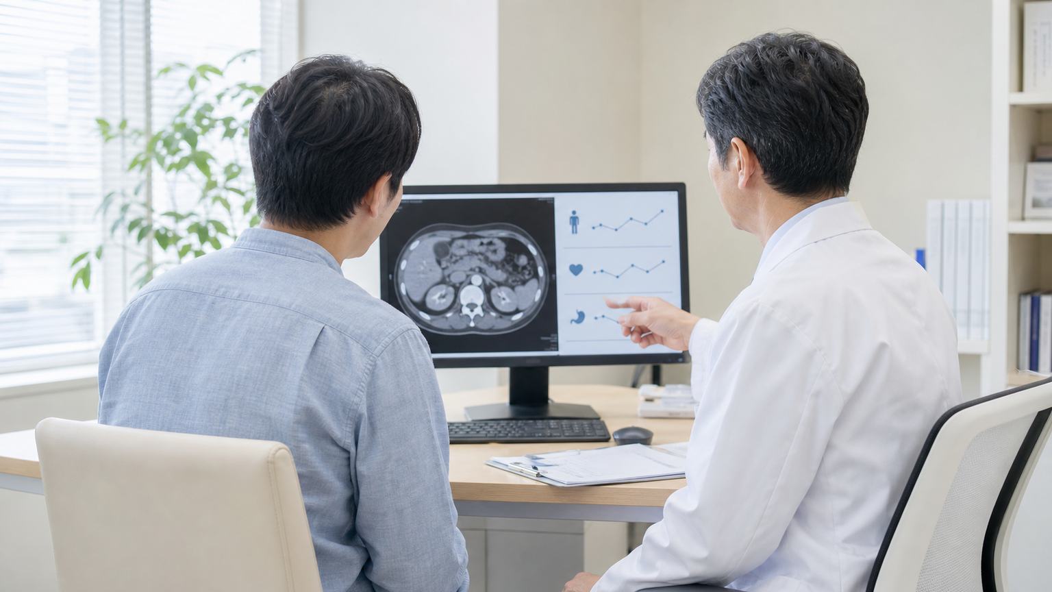 胃がんの体調変化について医師と患者が落ち着いて相談する場面