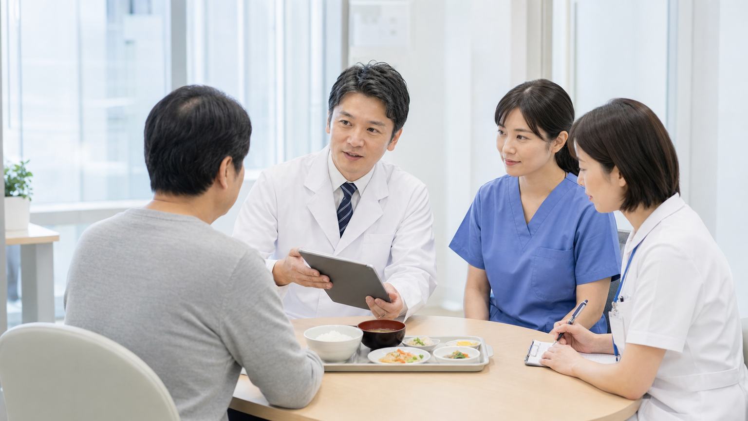 胃がん患者の食事量や痛みなどの体調を医療チームが確認する場面