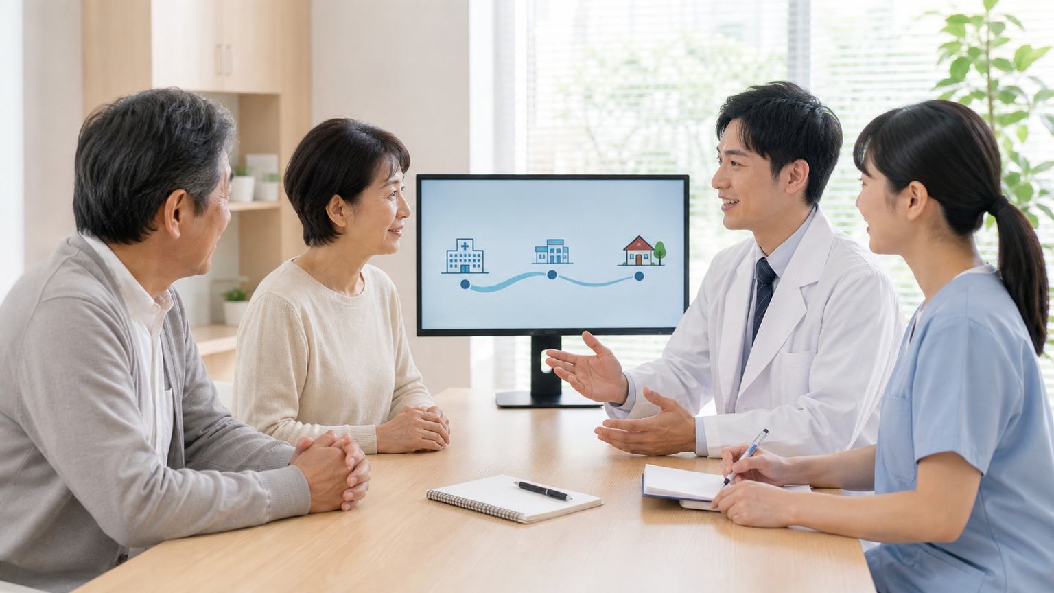 胃がん患者と家族が今後の療養計画を医療者と話し合う場面