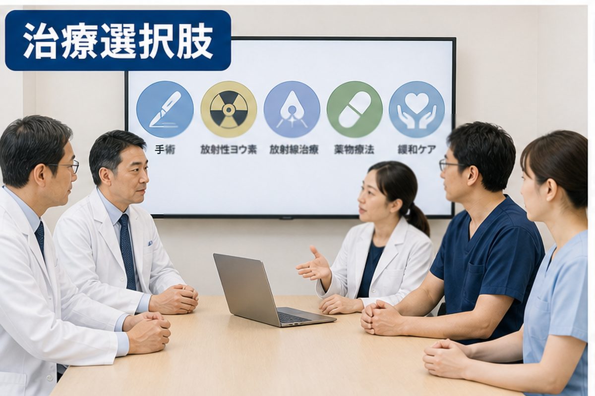甲状腺がんステージ4の治療選択肢を検討する医療カンファレンス