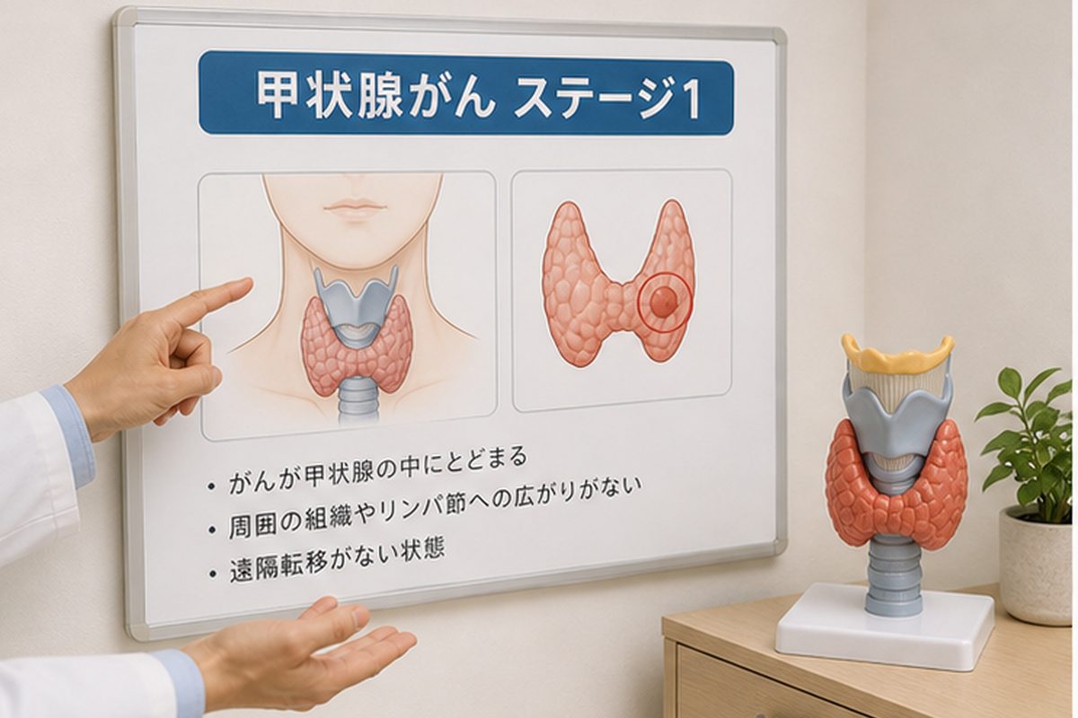 甲状腺がんステージ1の病期を説明する診察室の資料
