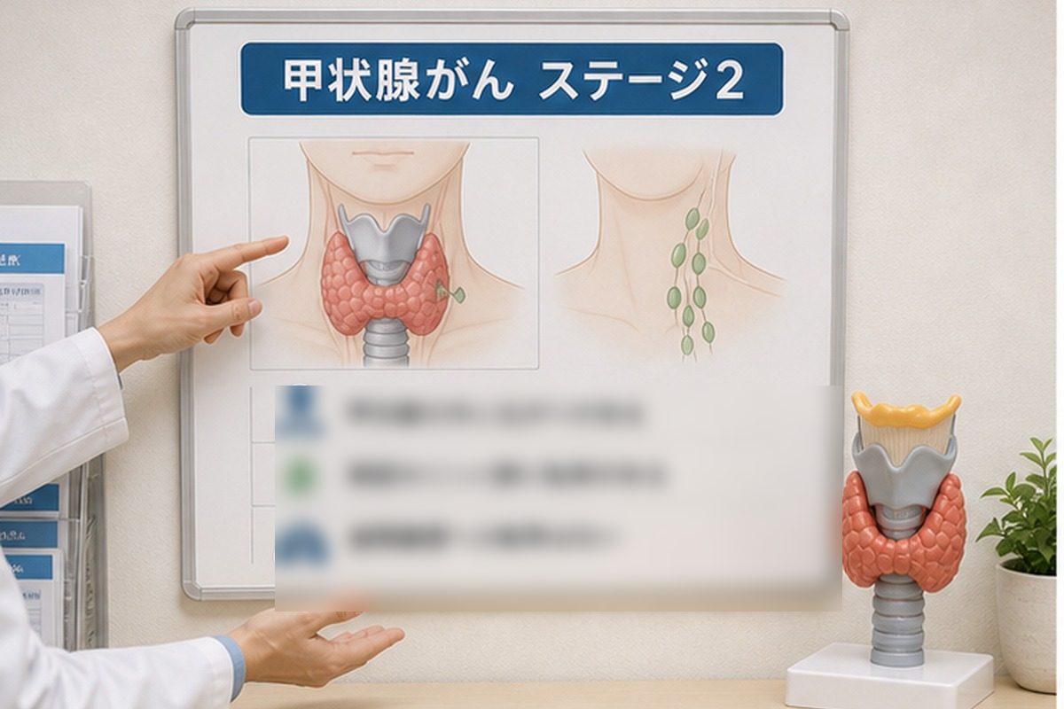 甲状腺がんステージ2の病期を説明する診察室の資料