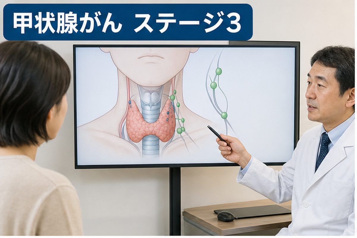 甲状腺がんステージ3の病期を説明する診察室の資料