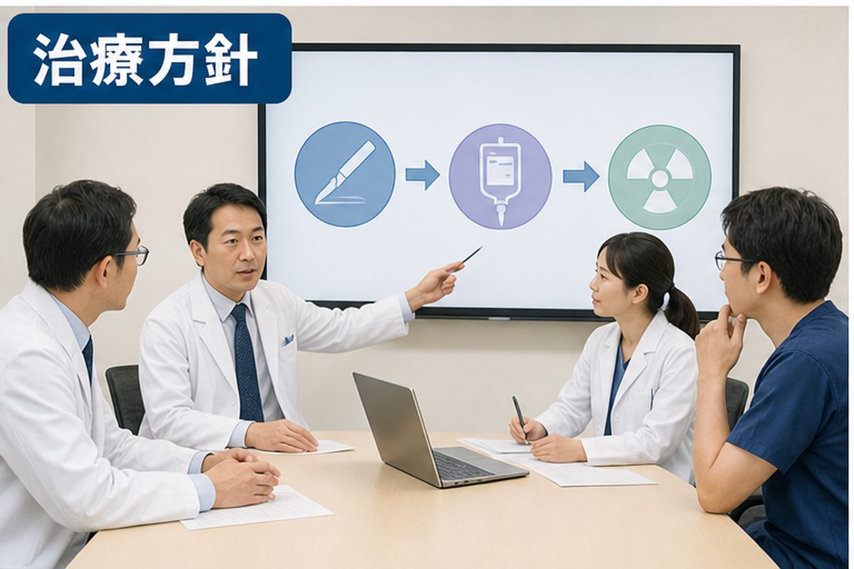 甲状腺がんステージ3の治療方針を示す医療カンファレンスボード