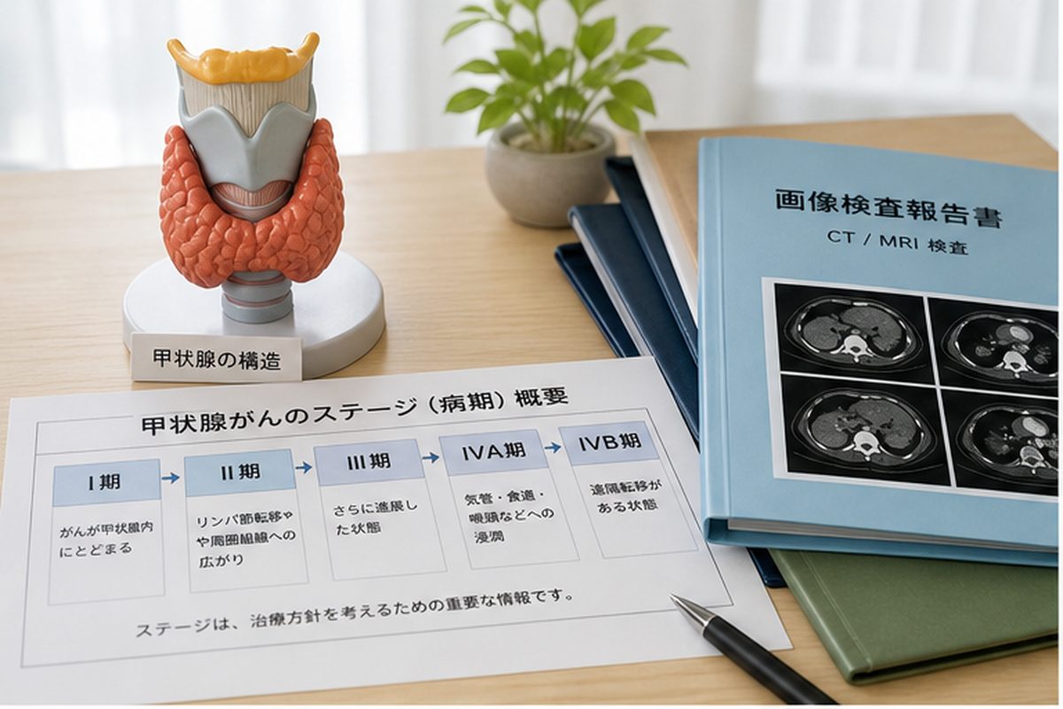 甲状腺がんのステージを整理する診療資料と甲状腺モデル