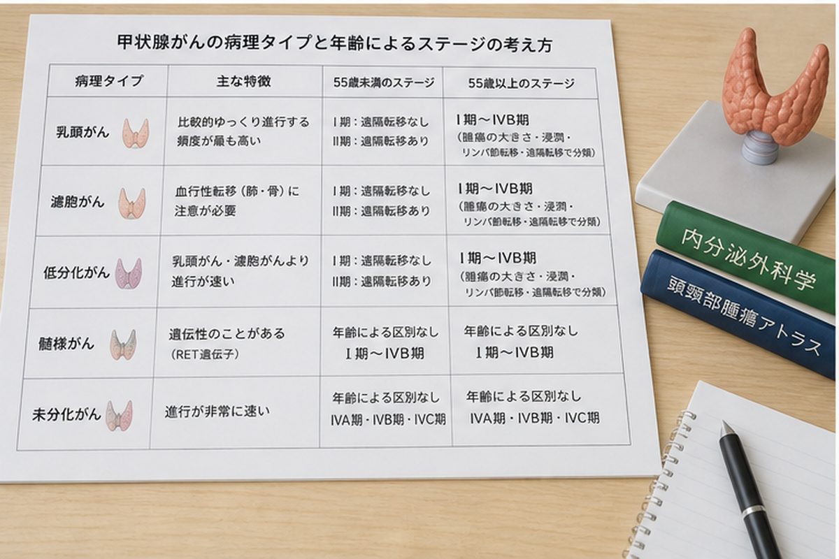 甲状腺がんの病理タイプと年齢によるステージ分類を整理する資料