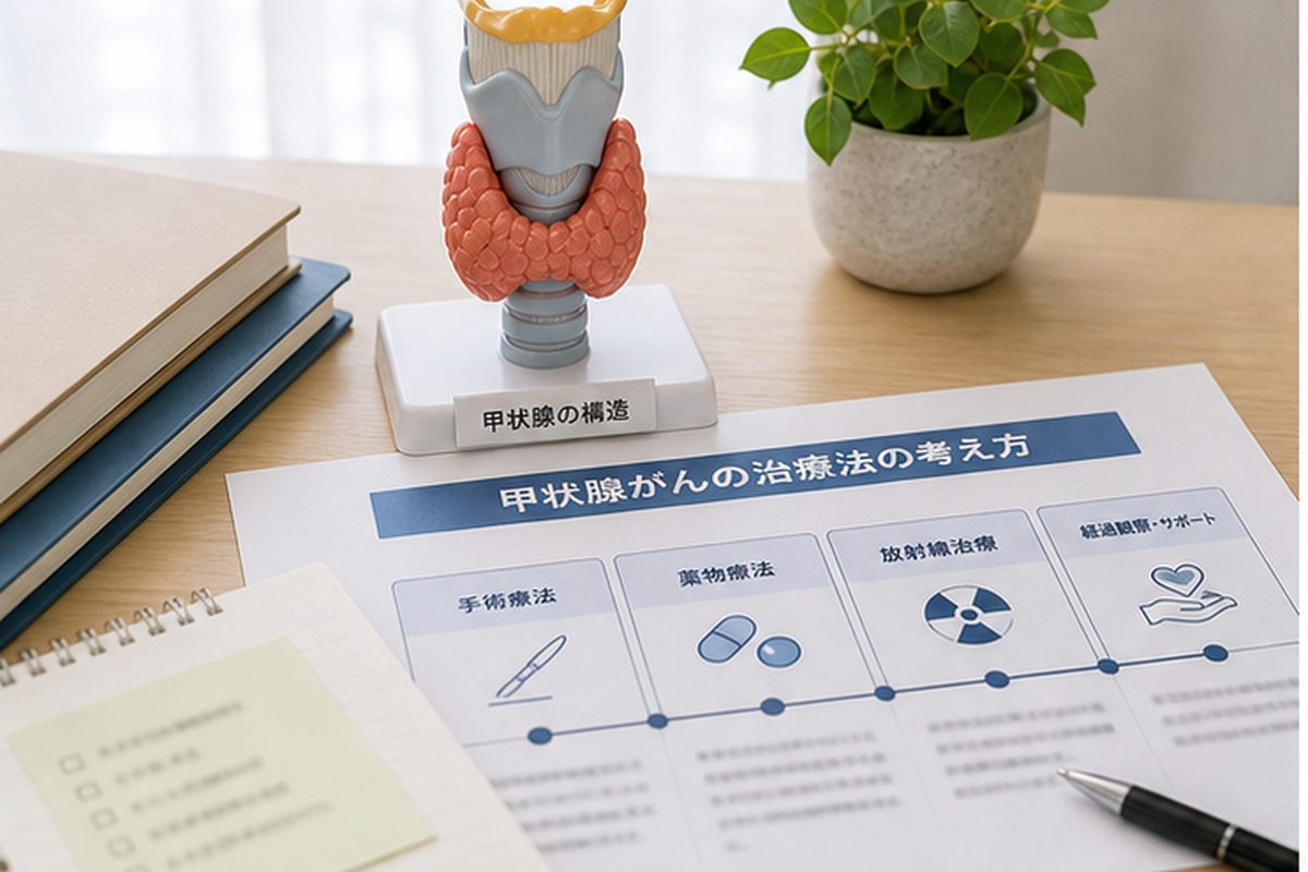 甲状腺がんの治療法を整理する診療資料と甲状腺モデル