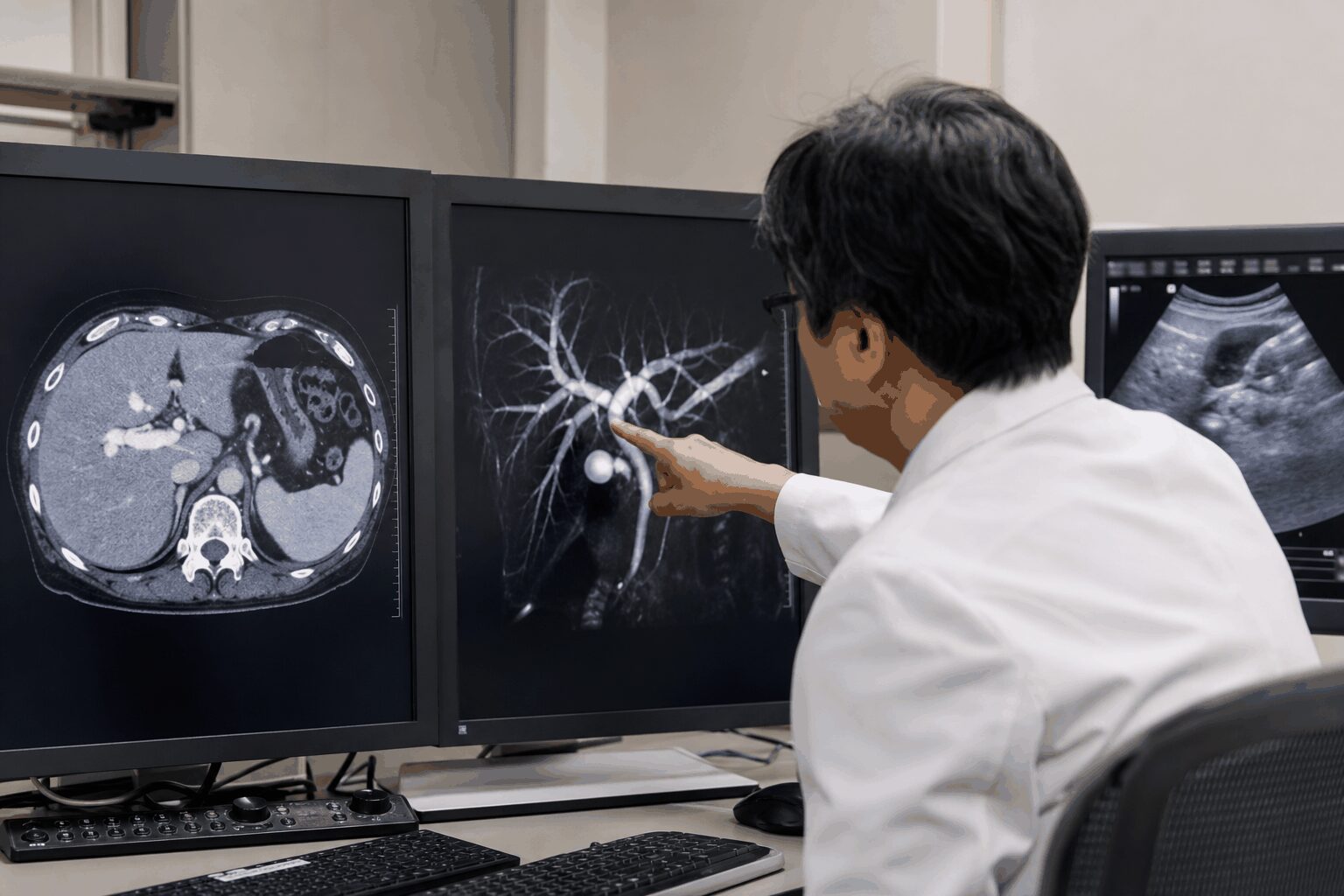 胆管の狭窄と周囲への広がりを画像検査で確認する医療者
