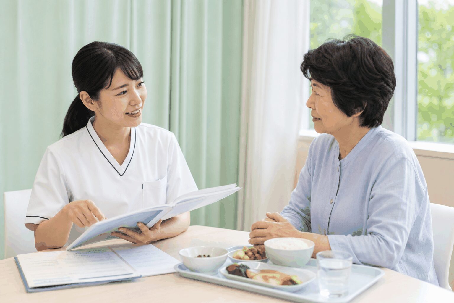 胆管がんの症状記録と食事について相談する患者と看護師