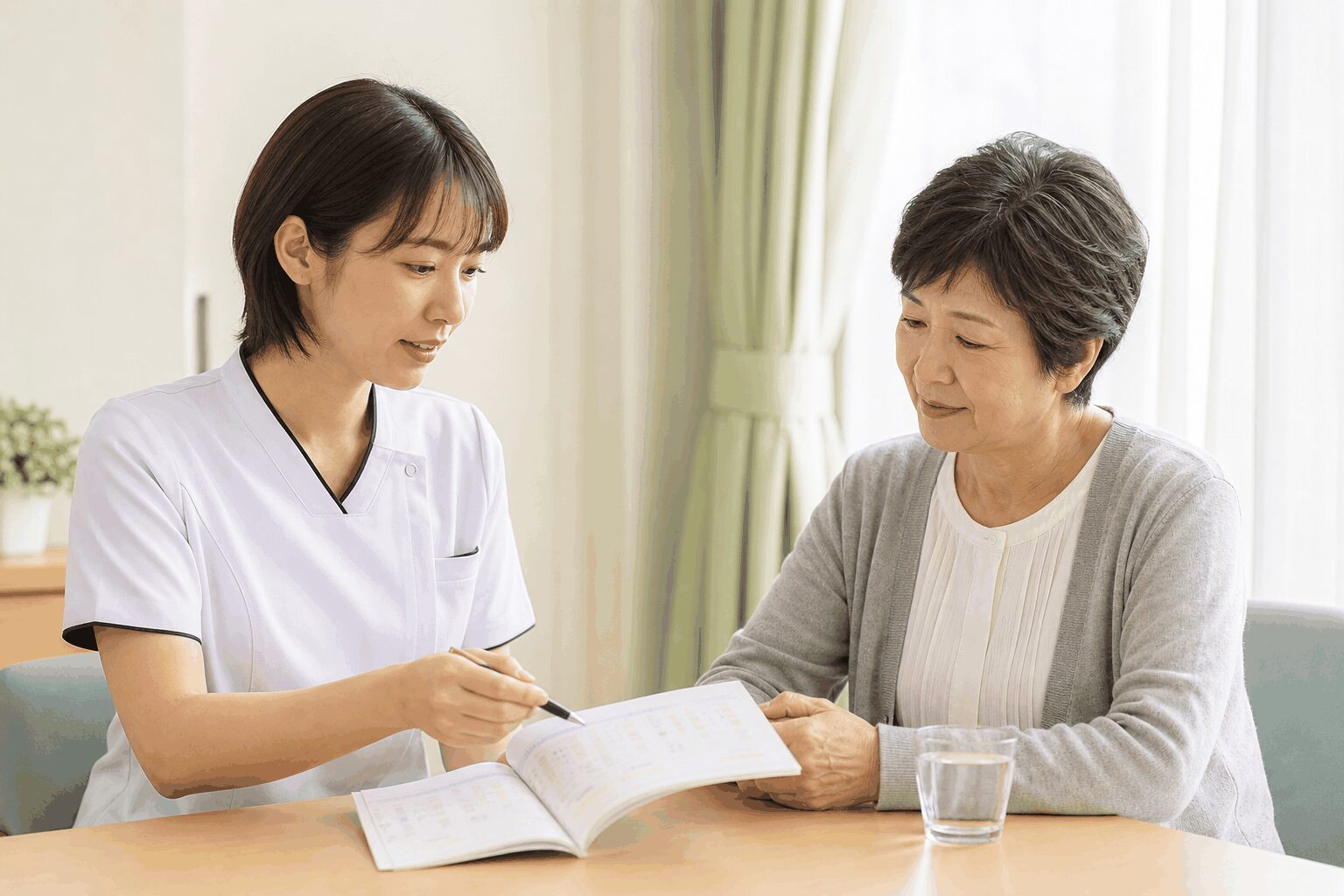 子宮体がんの出血や体調記録について相談する患者と看護師