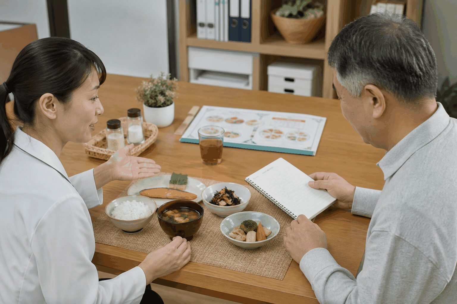 肝臓がんの食事と服薬について管理栄養士へ相談する様子