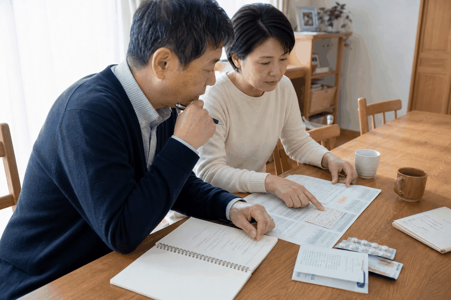 咽頭がんの治療相談に向けて家族と質問を整理する様子