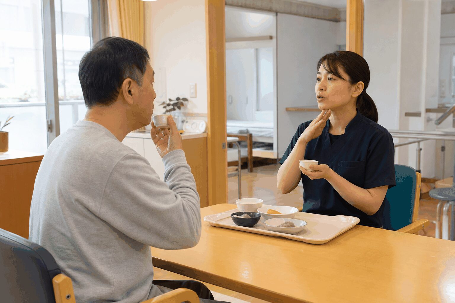 舌がん治療後の飲み込みと食事について支援を受ける様子