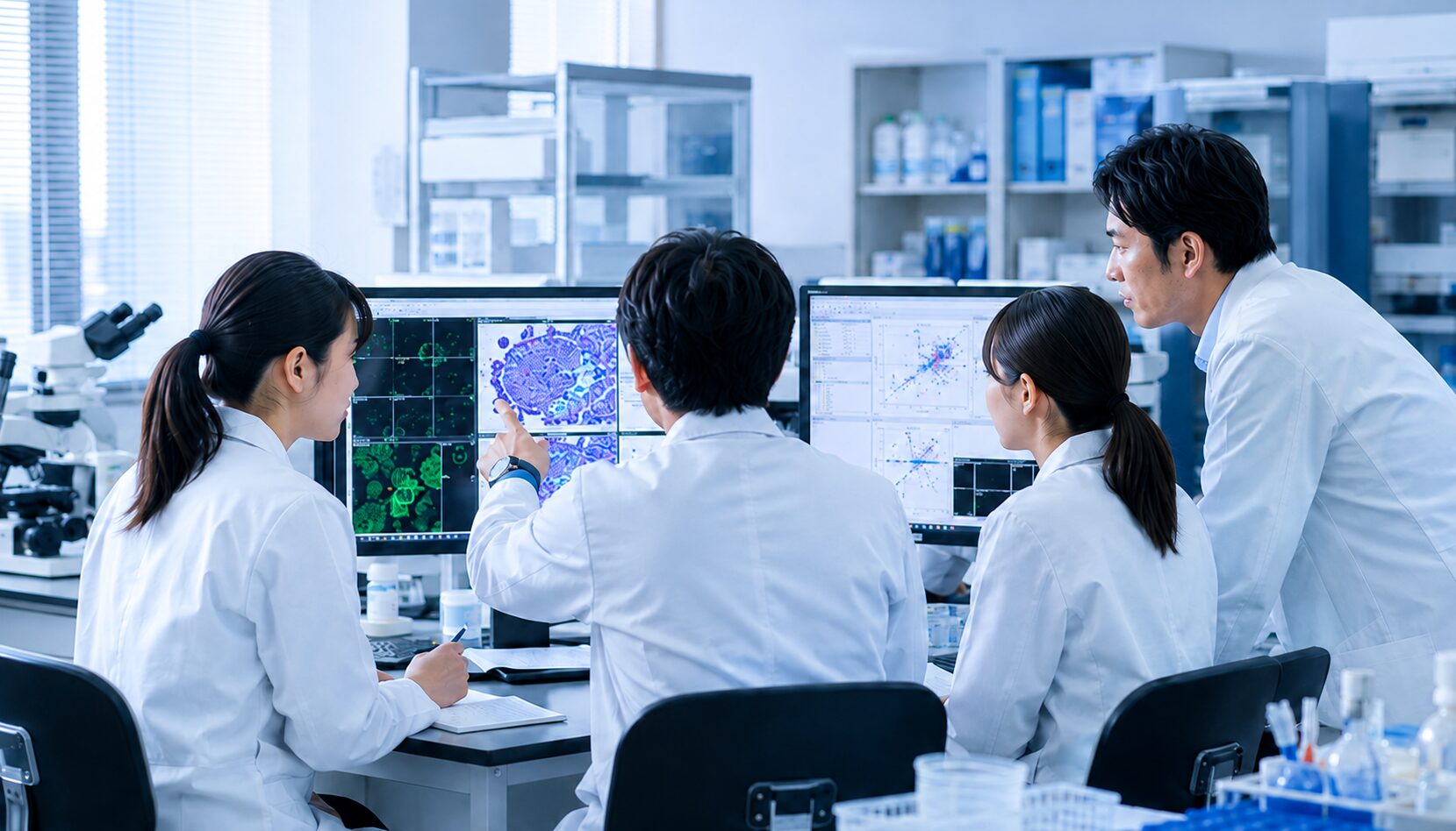 複数の研究者が医学データを共有し、連携して検討する様子